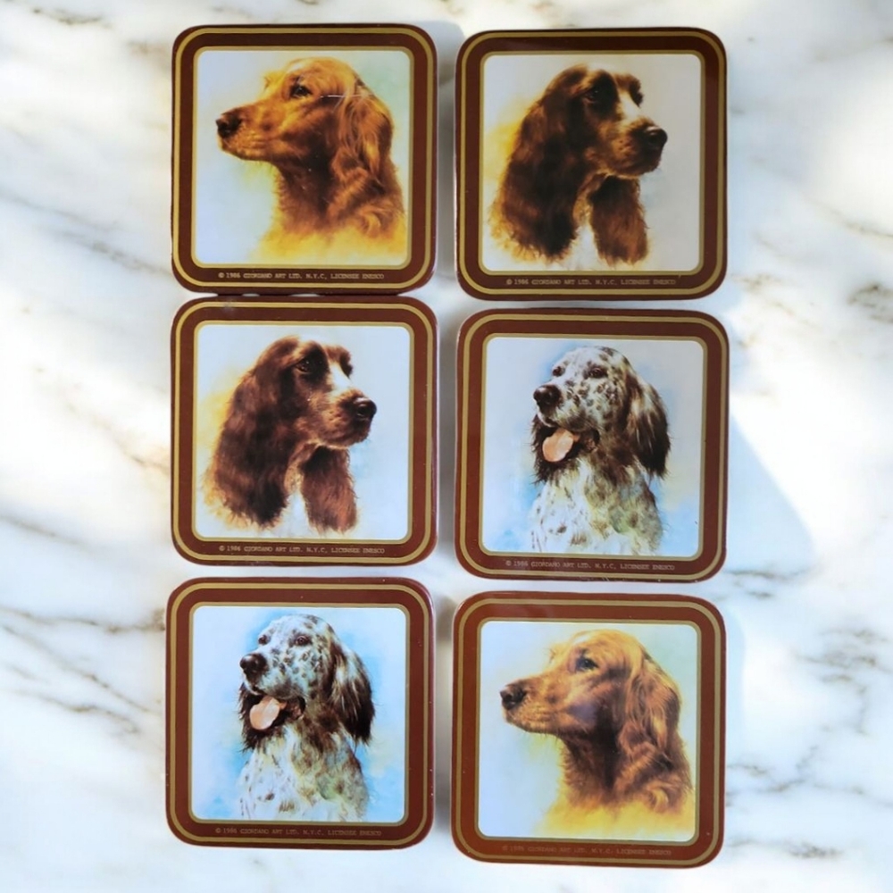 HP😊 6 Vtg 1986 Dog Coasters Cork Backing Retrievers Birddogs Giordano Art LTD